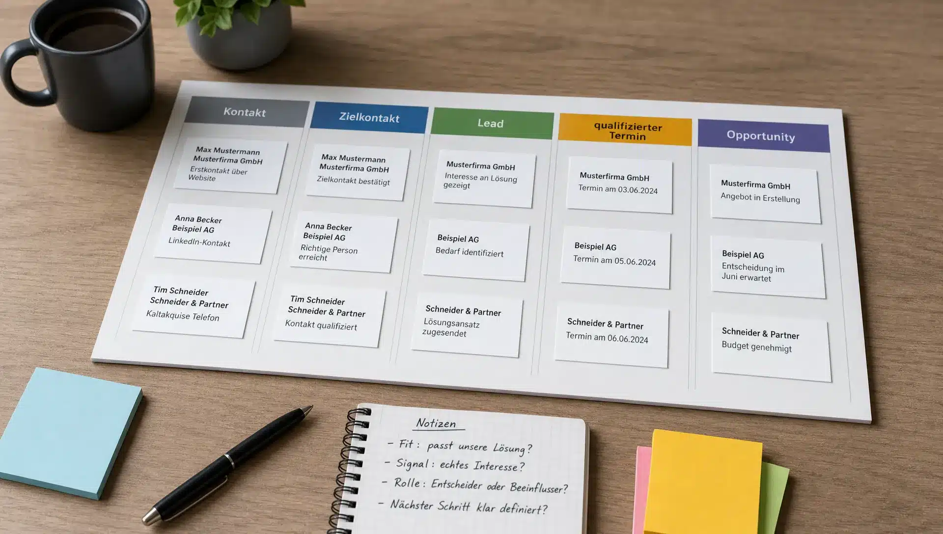 ein ubersichtliches kanban board auf einem tisch z 1785412922897 | Was ist ein Lead im Vertrieb? Und warum ein Kontakt keiner ist Ein übersichtliches Board mit klar getrennten Spalten für Kontakte und Leads als Symbol für saubere Begriffe im Vertrieb.