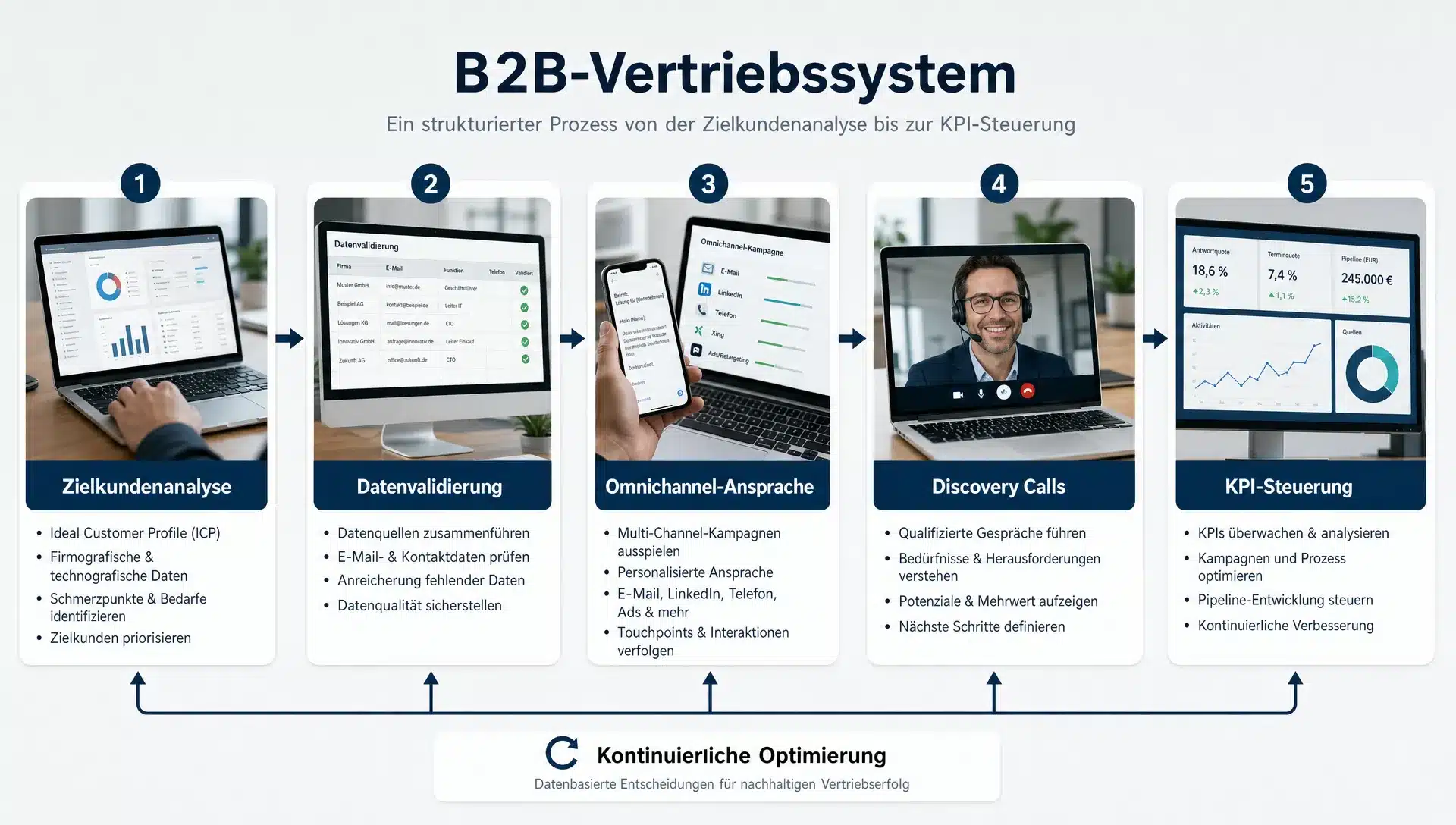 Ein strukturiertes B2B-Vertriebssystem als Prozessgrafik mit Zielkundenanalyse, Datenvalidierung, Omnichannel-Ansprache, Discovery Calls und KPI-Steuerung, dargestellt in einer klaren Kette einzelner Schritte.