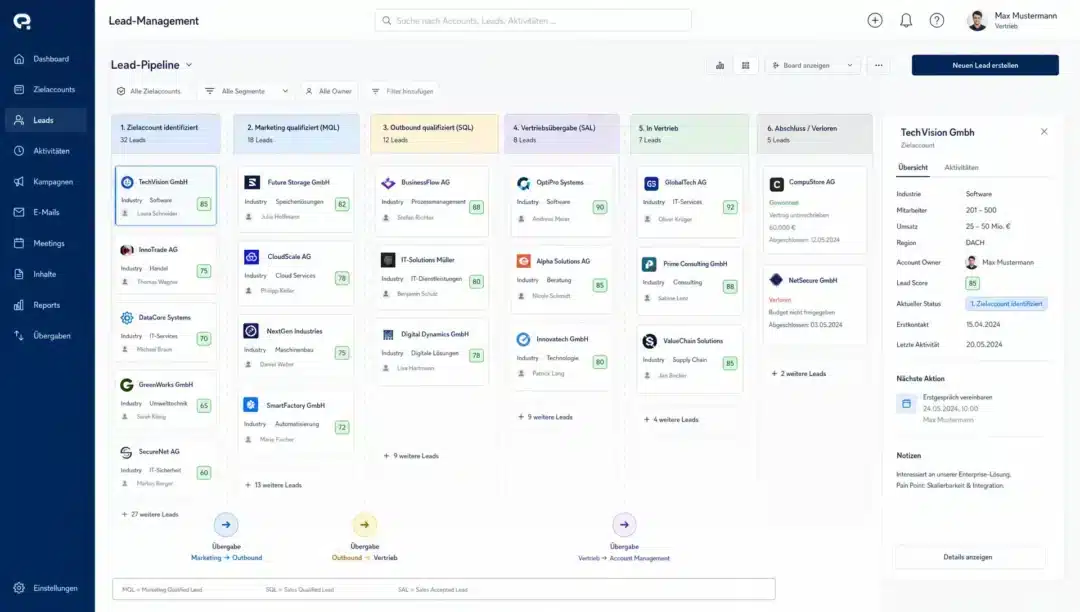 image 0 | Leads: Was ein Lead wirklich ist, was er kosten darf und woran Firmen scheitern Ein strukturiertes B2B-Lead-Management-System als übersichtliches CRM-Board mit Zielaccounts und Statusspalten als Sinnbild für saubere Lead-Bearbeitung.