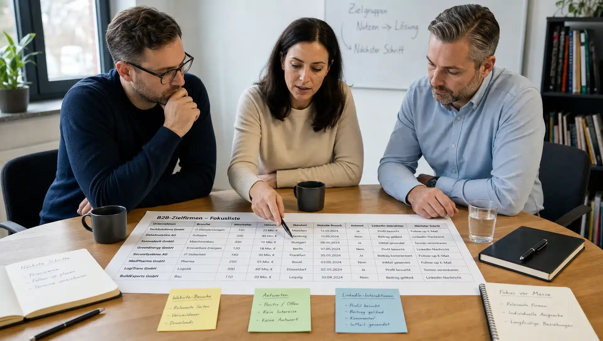 drei vertriebsverantwortliche betrachten in einer 1786099448378 | Neue Kunden akquirieren: Warum der Moment mehr zählt als die Masse Drei Vertriebsverantwortliche betrachten eine Übersicht mit Wunschkunden und Bewegungsdaten als Symbol für Akquise im richtigen Moment.
