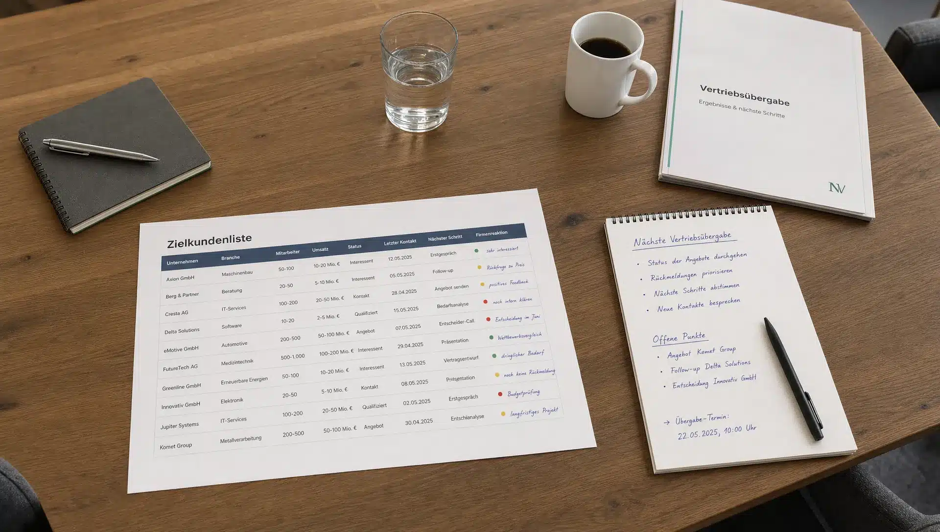 ein besprechungstisch mit einer zielkundenliste ma 1786099556561 | Leadgenerierung B2B: So wird sie planbar statt kampagnengetrieben Ein Besprechungstisch mit einer markierten Zielkundenliste als Symbol für planbare Leadgenerierung im B2B.