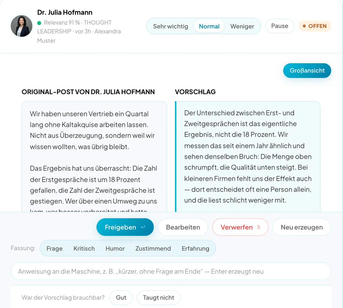 demo warmconnect kommentar.png | Warmconnect Warmconnect, Demo: Original-Beitrag, Kommentar-Vorschlag und Freigeben